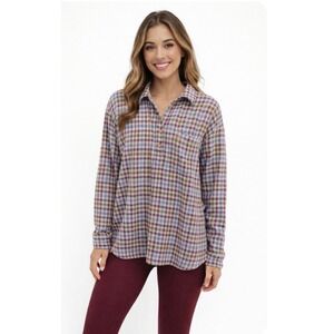 Lizsport Womens Plaid Long Sleeve Polo Top Purple Green Cotton M Cottagecore